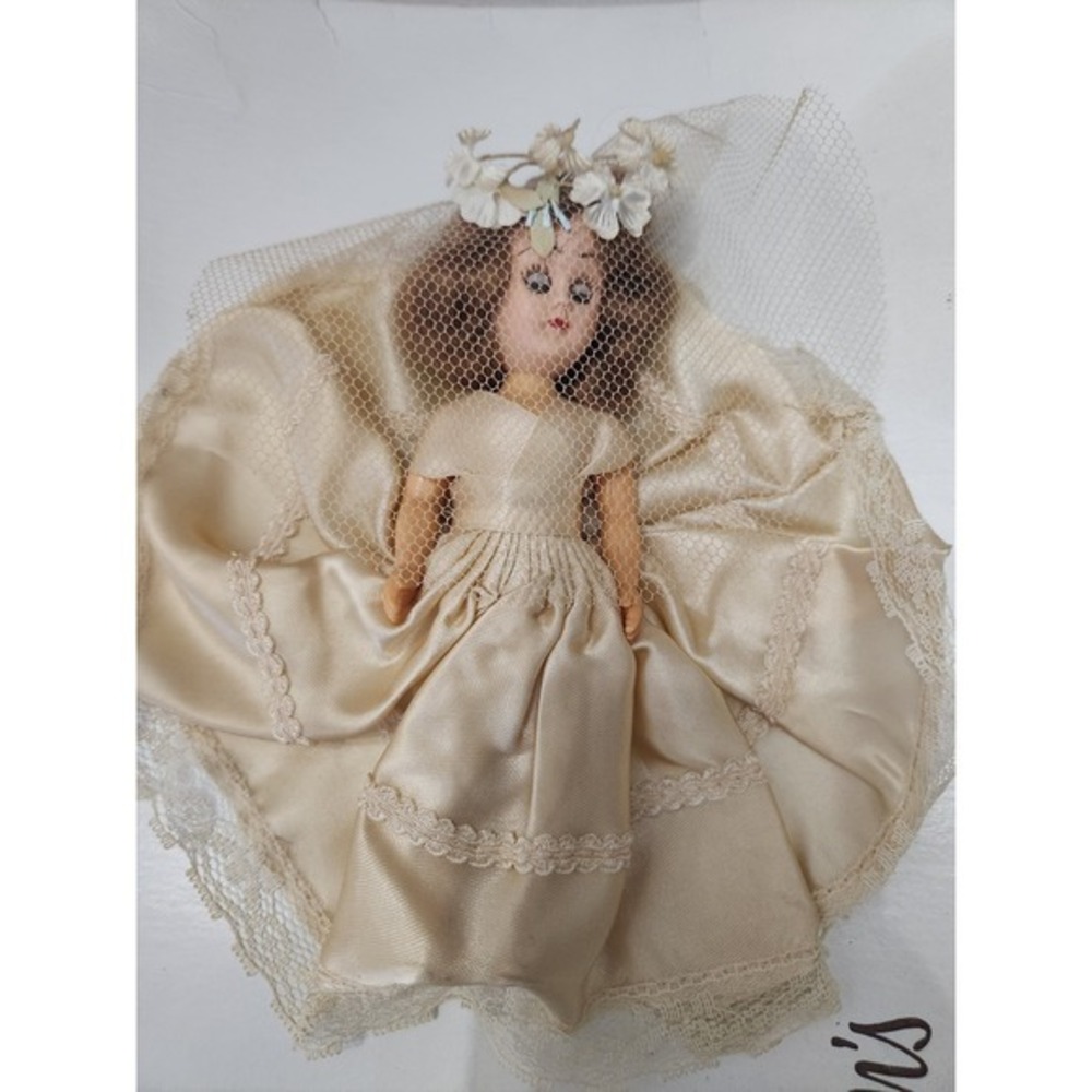 Vintage Wedding‎ Bride Doll in Satin Gown & Veil, Floral Crown, Collectible